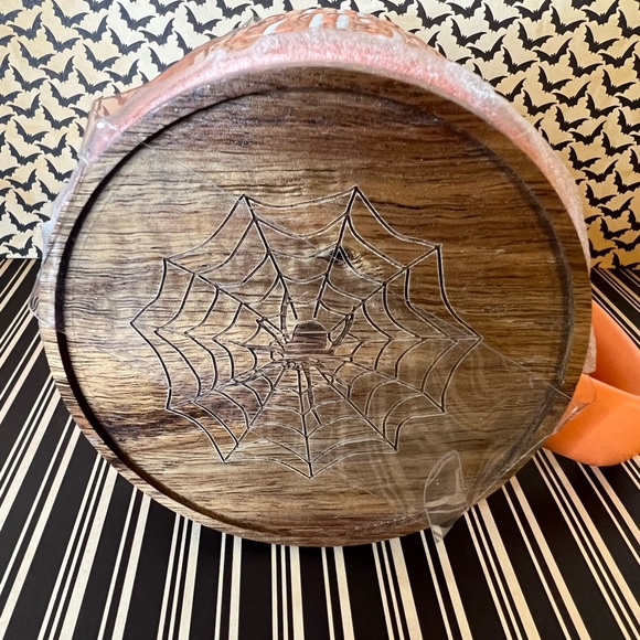 Halloween Matte Orange Fright Night Mug with Wood Spiderweb Lid Coaster - Picture 3 of 6